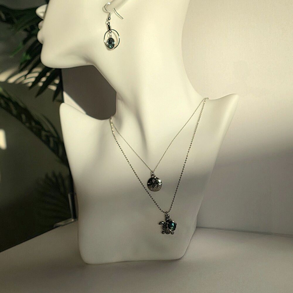 3pc Coastal Jewelry Set, Silver Tone, Ocean Abalone Layering Turtle Necklaces